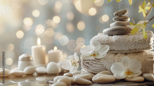 spa still life background with towels candles and flower orchid, bokeh background with copy space