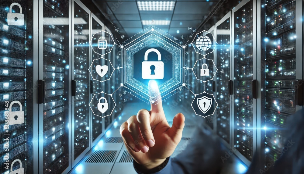 A close-up of interacting with a touch screen displaying a digital shield and cybersecurity icons, in a server room A close-up of interacting with a touch screen displaying a digital shield and cybersecurity icons, in a server room