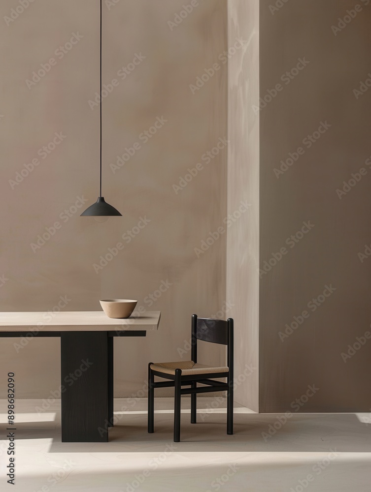 A single chair sits beside a rectangular table with a black pendant light hanging from the ceiling. Generative AI A single chair sits beside a rectangular table with a black pendant light hanging from the ceiling. Generative AI