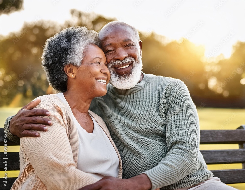 Obraz premium black woman man senior couple happy retirement together elderly hug active bonding park outdoors enjoying the senior love and friendship