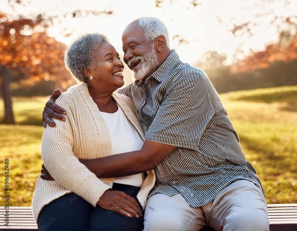 Obraz premium black woman man senior couple happy retirement together elderly hug active bonding park outdoors enjoying the senior love and friendship