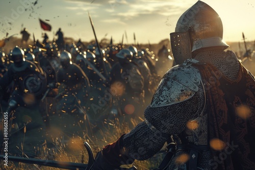 A person dressed as a knight stands among a large group of people, likely at a medieval-themed event or festival photo