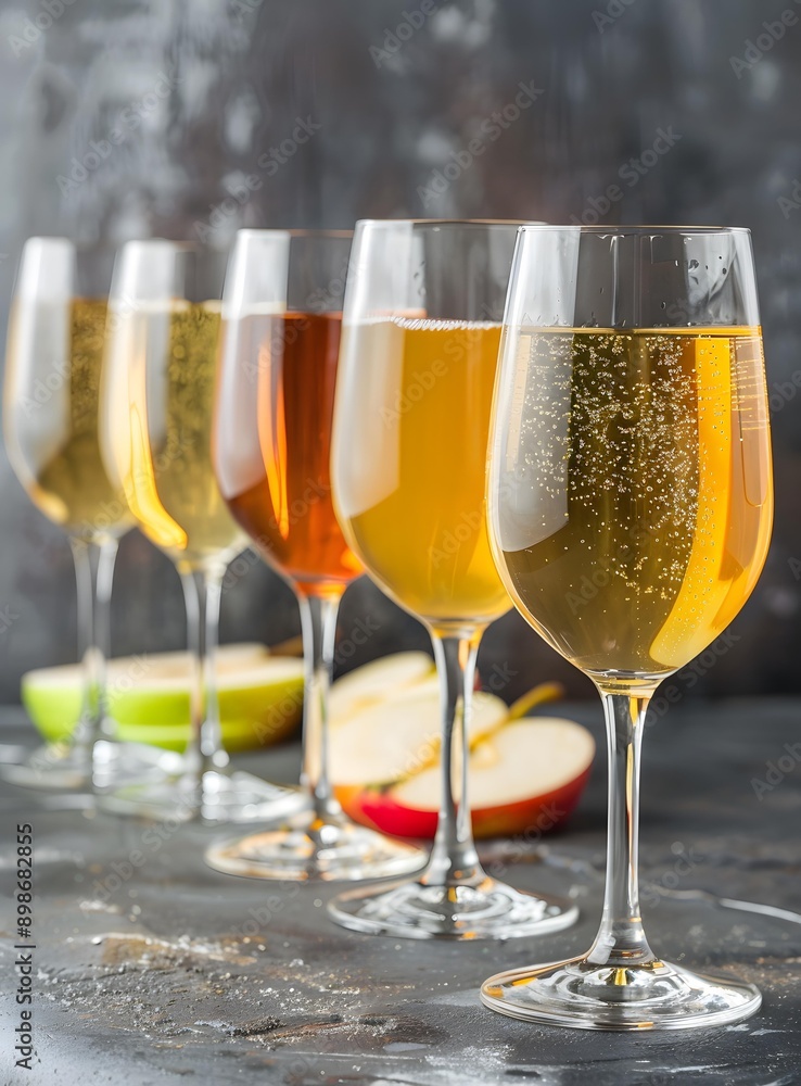 Assortment of Apple Cider in Wine Glasses with Apple Slices Assortment of Apple Cider in Wine Glasses with Apple Slices