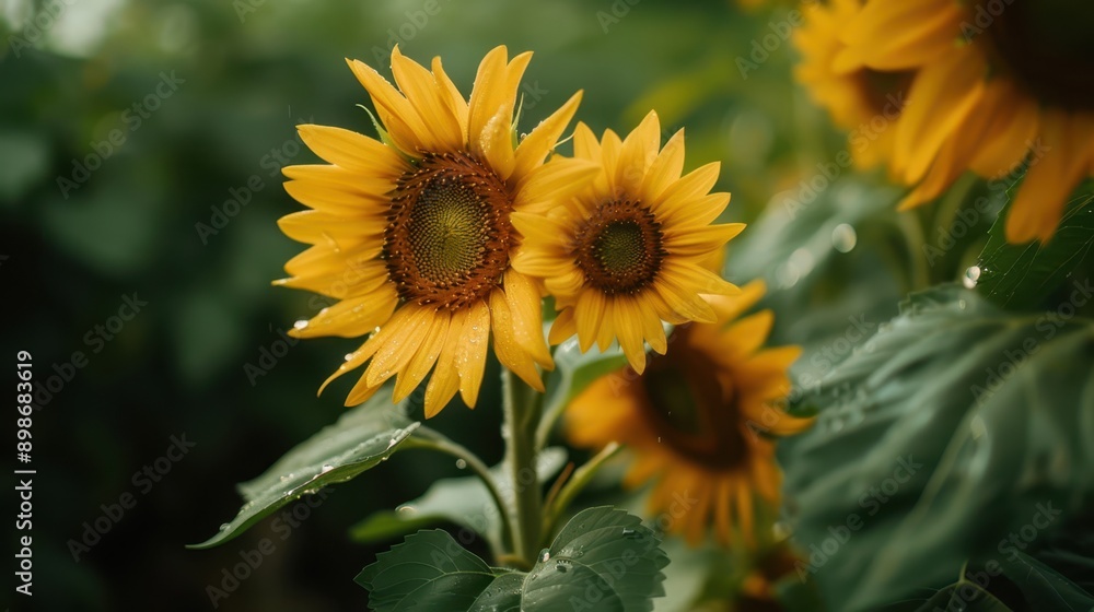 Obraz premium Close-up of vibrant sunflowers in full bloom under the morning sun, showcasing bright yellow petals. Summer garden concept.