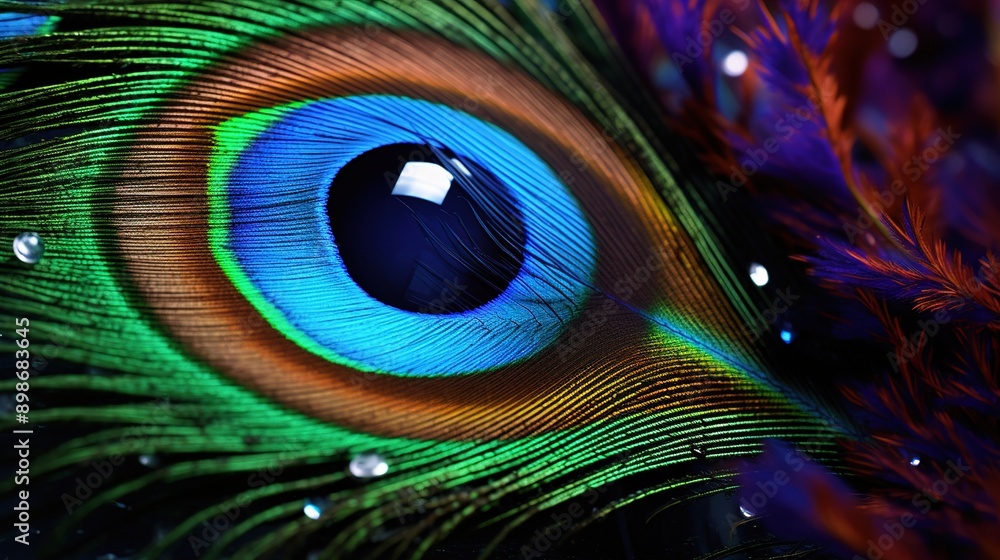 Naklejka premium A vibrant, colorful depiction of a peacock feather reflected in the iris of an eye, blending natural beauty and human intrigue.