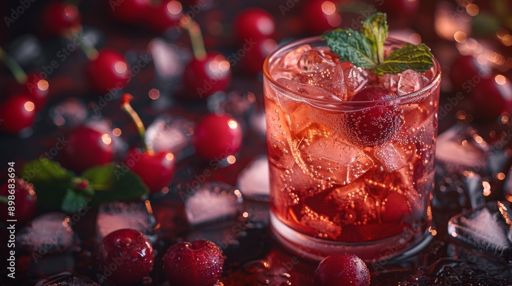 Refreshing cherry cocktail standing on table and surrounded by ice cubes, cherries and mint Refreshing cherry cocktail standing on table and surrounded by ice cubes, cherries and mint