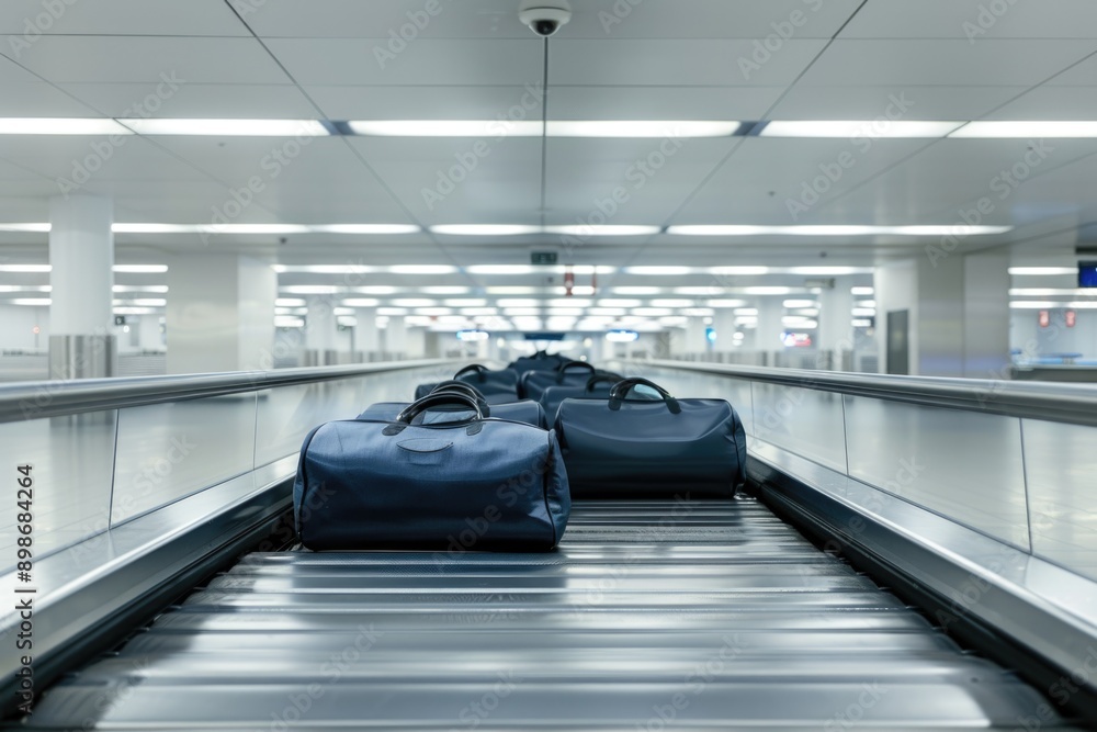 Suitcases on a conveyor belt at the airport, perfect for travel or transportation scenes Suitcases on a conveyor belt at the airport, perfect for travel or transportation scenes