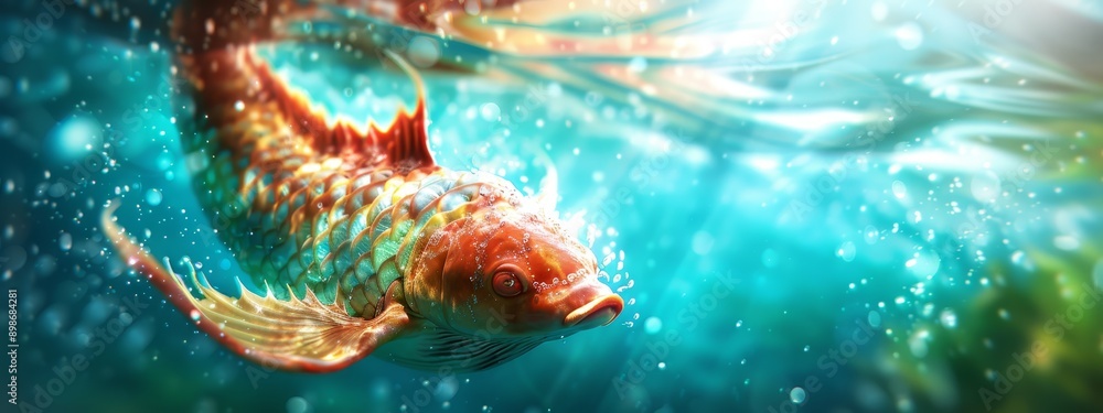 A golden fish swims in a blue pool, surrounded by bubbles at the water's depth A golden fish swims in a blue pool, surrounded by bubbles at the water's depth