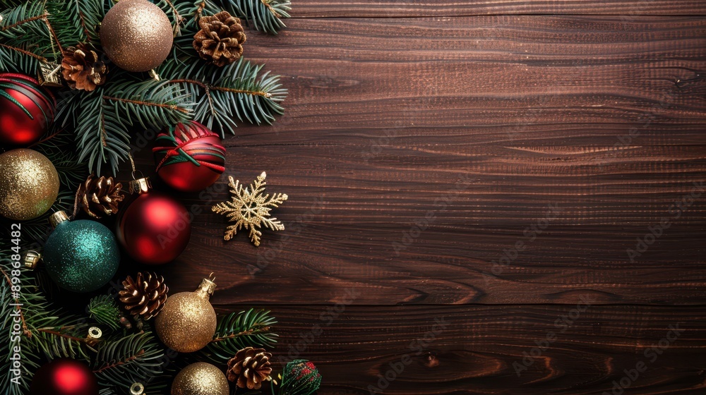 Festive Christmas border with ornaments, pine branches, and dried oranges, arranged on a dark wooden background, in a traditional and warm style Festive Christmas border with ornaments, pine branches, and dried oranges, arranged on a dark wooden background, in a traditional and warm style