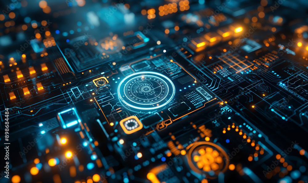 Fototapeta premium Advanced Circuit Board Technology with Glowing Blue Lights and Intricate Patterns