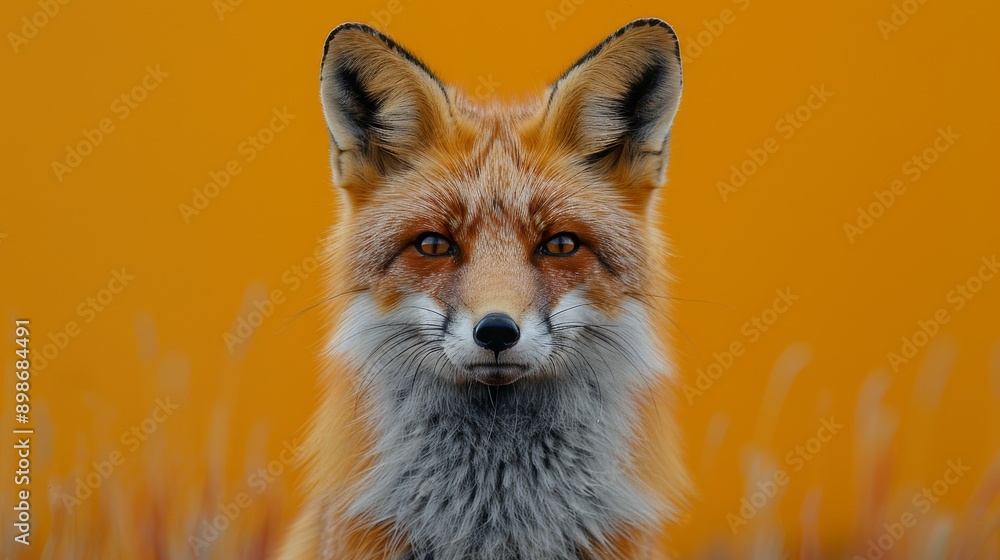 Red fox with a fluffy coat poses elegantly against a vibrant orange background, exuding wild beauty and staring directly at the camera Red fox with a fluffy coat poses elegantly against a vibrant orange background, exuding wild beauty and staring directly at the camera
