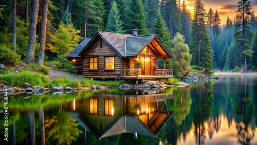 Cabin by the Lake with Sunset Reflections, Lakehouse, Forest, Nature, Reflection © Working Moments