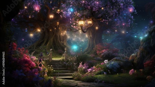 A vibrant scene of an enchanted garden at dawn, with fairies fluttering around multi-colored blossoms and a magical, luminescent tree at the center.