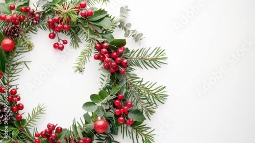 Wallpaper Mural Christmas wreath decorated with red berries, pine branches, and pinecones on a white background, creating a festive holiday atmosphere. Torontodigital.ca