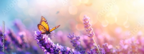 Wallpaper Mural  A tight shot of a butterfly atop a purple bloom against a backdrop of a blue sky, its surroundings softly blurred Torontodigital.ca