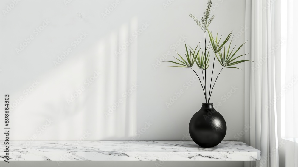 Decorated living room corner with black ceramic vase and faux plant on marble top against white wall Decorated living room corner with black ceramic vase and faux plant on marble top against white wall