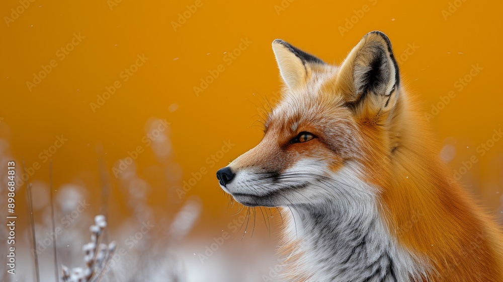 Red fox happily frolicking in the snow on an orange background, showcasing its cunning nature in a majestic portrait. Sunset or sunrise adds warmth to the cold environment Red fox happily frolicking in the snow on an orange background, showcasing its cunning nature in a majestic portrait. Sunset or sunrise adds warmth to the cold environment