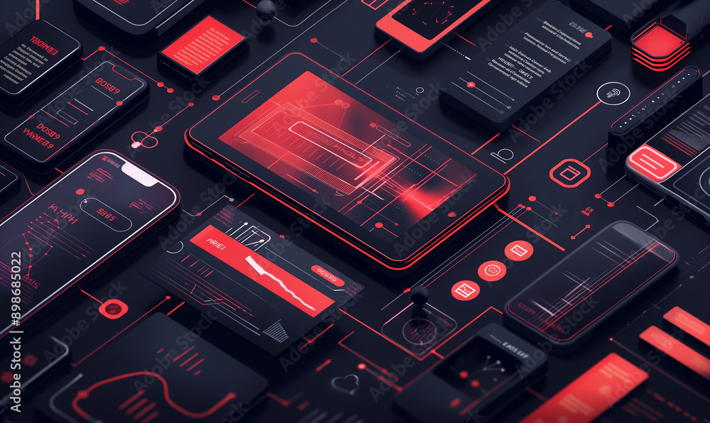 Futuristic User Interface Elements with Dark Theme and Vibrant Red Accents