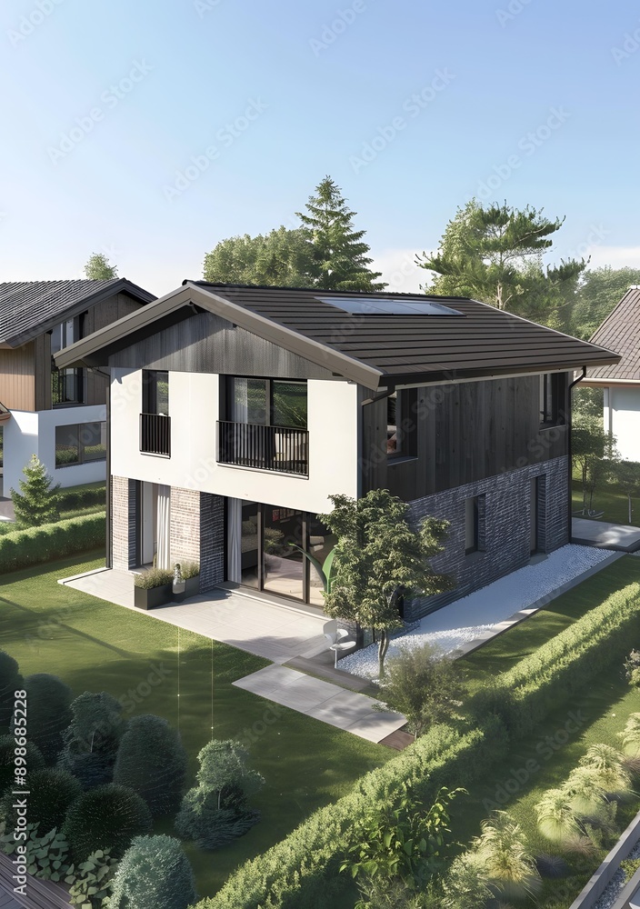 Modern House with Black Roof and White Walls Modern House with Black Roof and White Walls