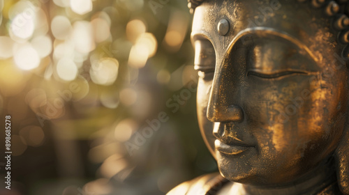 Close-up macro details buddha statue face in focus with gentle bokeh and warm light