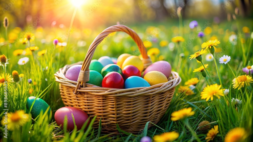 Colorful Easter Eggs in a Basket on a Spring Meadow, Easter , Spring , Holiday , Celebration Colorful Easter Eggs in a Basket on a Spring Meadow, Easter , Spring , Holiday , Celebration