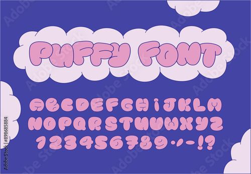 WebCartoon Bubble Alphabet, Groovy Pink Puffy plump font featuring uppercase letters, numbers and punctuation in pink and blue colors. Perfect for children's designs, party invitations, logos, typogra