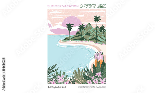 Hidden beach paradise. Sunshine paradise graphic print design. Enjoy beach life. Summer vibes artwork. Surf club design. Beach wave artwork. Mountain with beach modern abstract art.