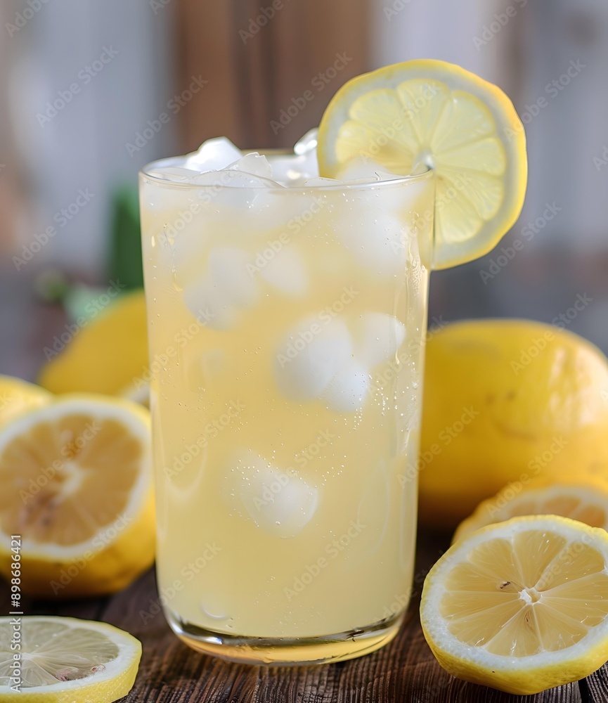 Glass of Lemonade with Lemon Slices and Ice Cubes on a Wooden Table Glass of Lemonade with Lemon Slices and Ice Cubes on a Wooden Table
