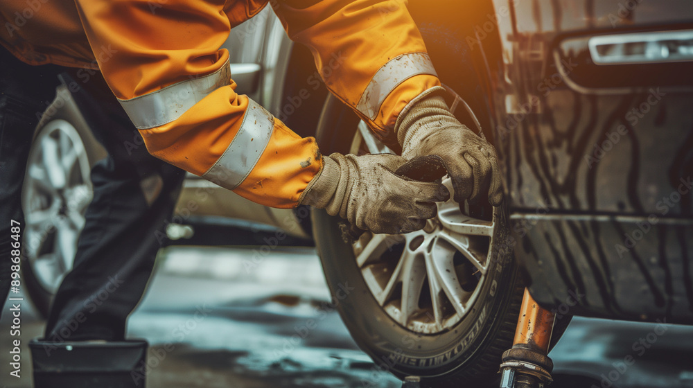 Obraz premium changing a tire on the road in rainy weather
