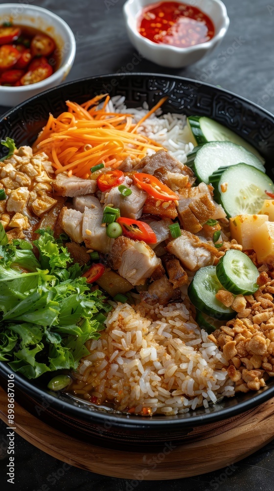 A vibrant bowl of Vietnamese rice dish featuring fresh vegetables, herbs, and grilled protein, garnished with sauces. A vibrant bowl of Vietnamese rice dish featuring fresh vegetables, herbs, and grilled protein, garnished with sauces.