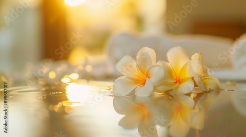 Backdrop background for salon spa center with towels and flowers on table with copy space