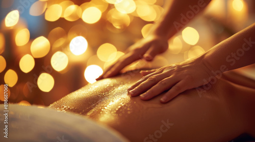 close up of hands making massage session in spa center salon with bokeh background