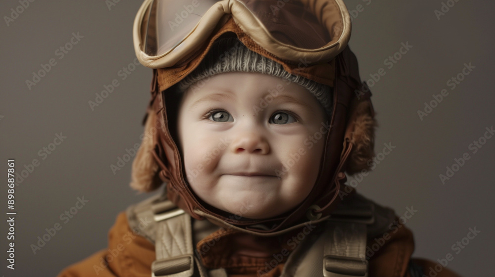 little boy in airplane pilot suit close up on beige background little boy in airplane pilot suit close up on beige background