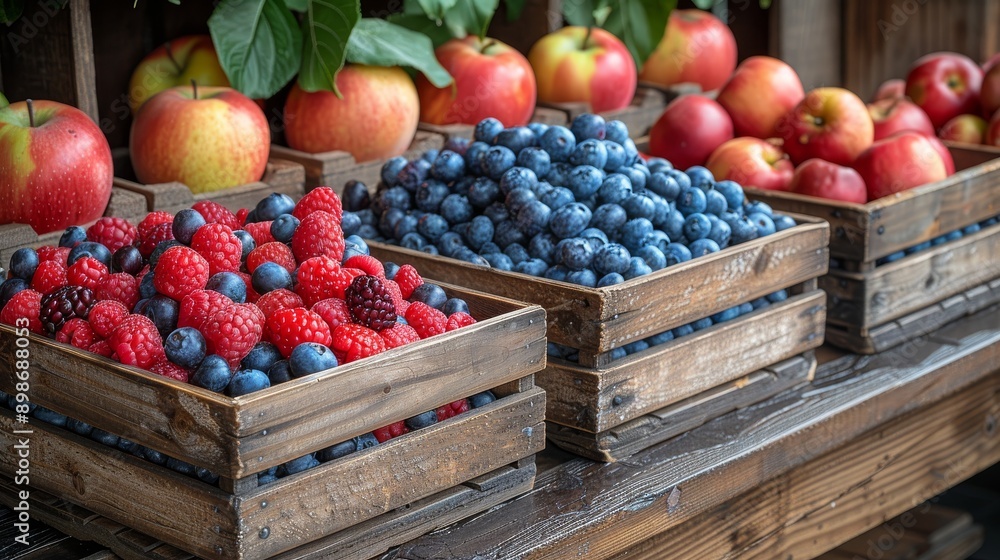Fresh blueberries, raspberries, and apples bursting with flavor displayed in rustic wooden crates at a local farmers market Fresh blueberries, raspberries, and apples bursting with flavor displayed in rustic wooden crates at a local farmers market