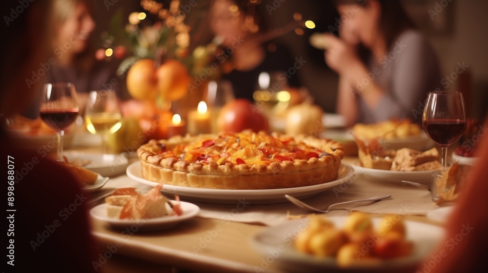 Naklejka premium Thanksgiving family dinner. Traditional apple pie and vegan meal close up, with blurred happy people around the table celebrating the holiday.