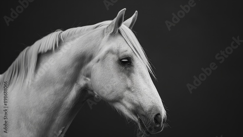 Close-up of a majestic white horse s head against a dramatic black background, ideal for a variety of projects and designs photo