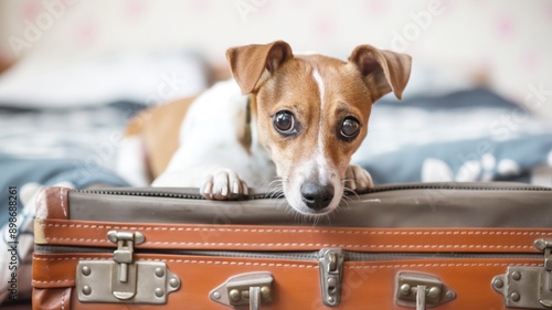 Adorable Small Dog Peeking Out of Open Suitcase, Ready for Travel Adventure. Cute Puppy Inside Luggage Bag, Ready to Explore and Discover. photo