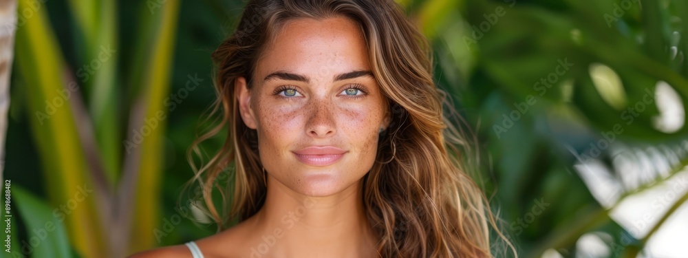 A close-up of a woman with freckles dotting her face Background includes palm trees A close-up of a woman with freckles dotting her face Background includes palm trees