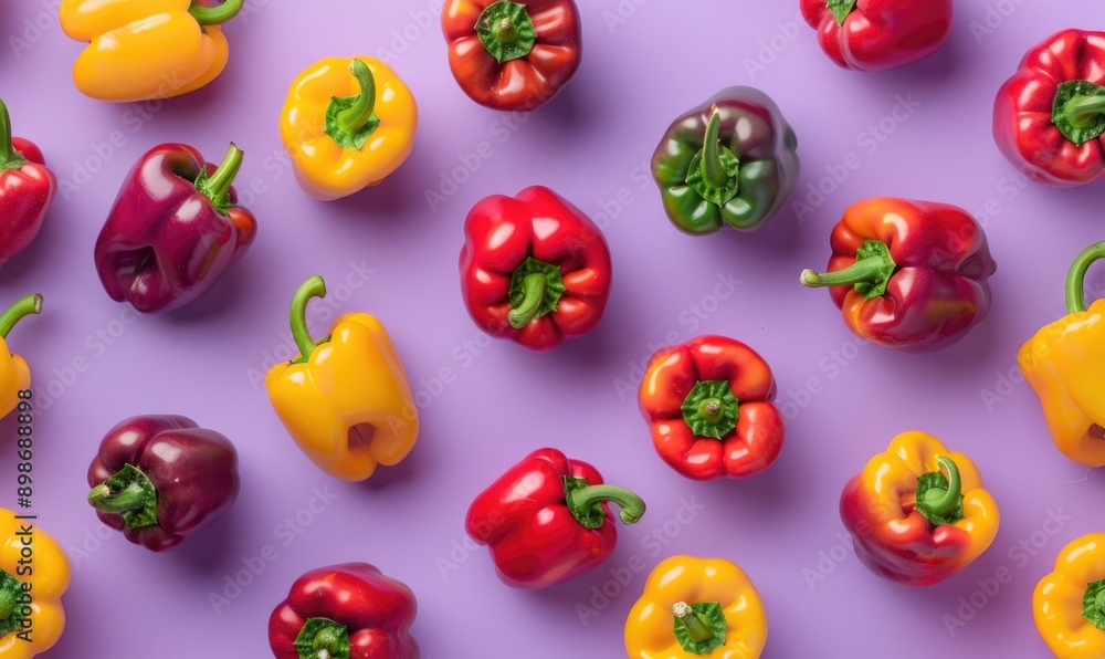 Top view of colorful bell peppers on a purple background Top view of colorful bell peppers on a purple background