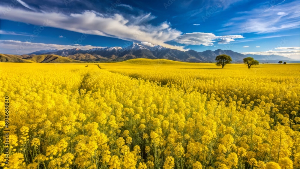 Fototapeta premium Golden Field with Mountain and Clouds, Landscape Photography, Field of Flowers, Mountains, Nature, Yellow, Spring