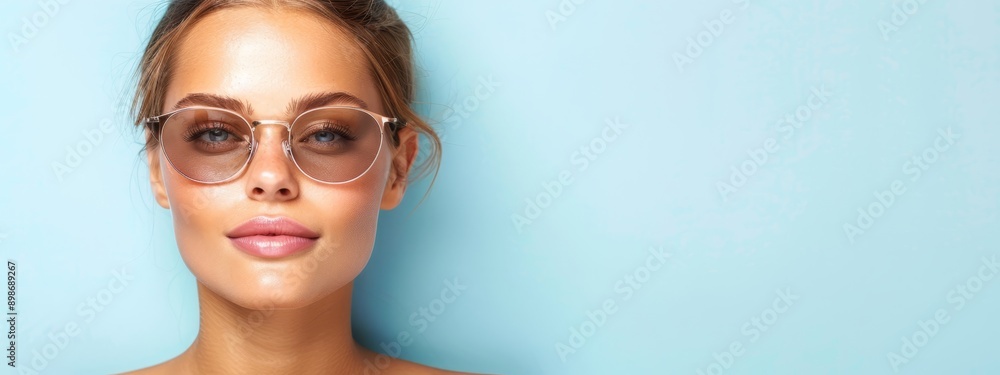 A woman in round glasses is depicted against a blue background Her hair is styled in a single ponytail A woman in round glasses is depicted against a blue background Her hair is styled in a single ponytail