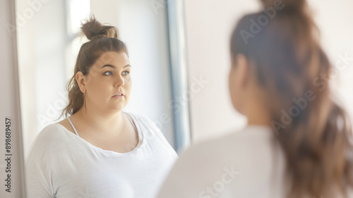 Woman looking in mirror, self-reflection, female staring at her reflection, natural beauty, body positivity, mental health, contemplation, plus-size, confidence concept