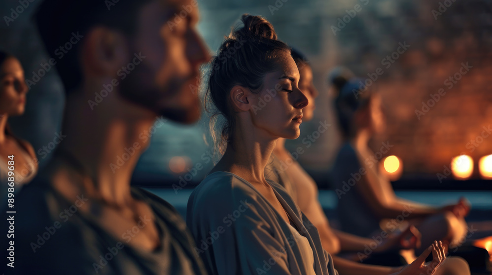 Group of people in meditation practicing mindfulness and relaxation on nature in sunset Group of people in meditation practicing mindfulness and relaxation on nature in sunset