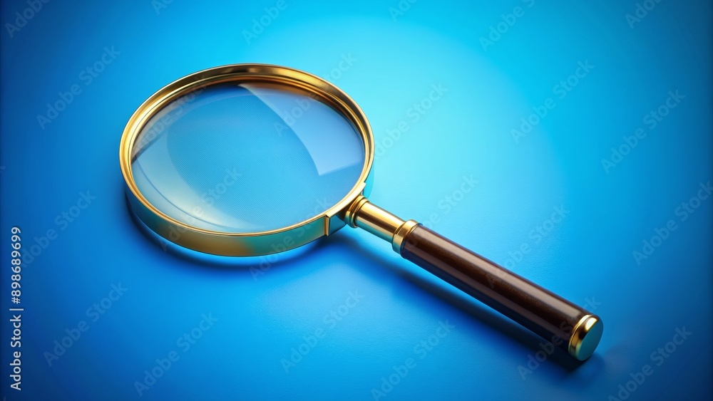 Golden Magnifying Glass on Blue Background, 3D Render, Magnification, Inspection, Clarity, Detail Golden Magnifying Glass on Blue Background, 3D Render, Magnification, Inspection, Clarity, Detail
