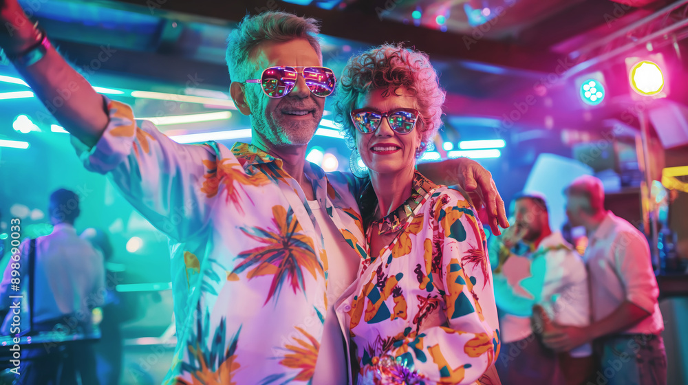 Fototapeta premium Happy senior couple dancing in nightclub, vibrant disco lights, trendy outfits, joyful celebration, nightlife concept