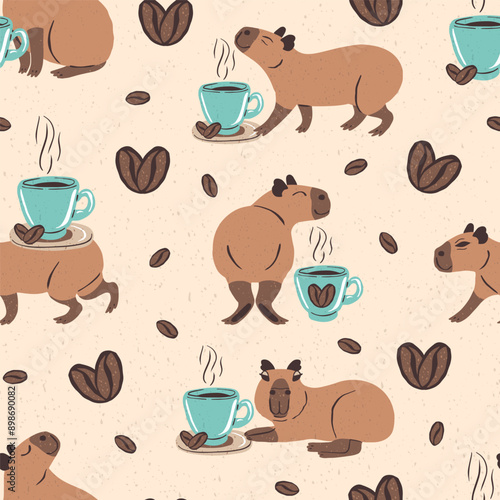 Seamless pattern with funny capybaras and coffee cups. Cute animals with coffee beans repeat design. Cartoon jungle animals background.