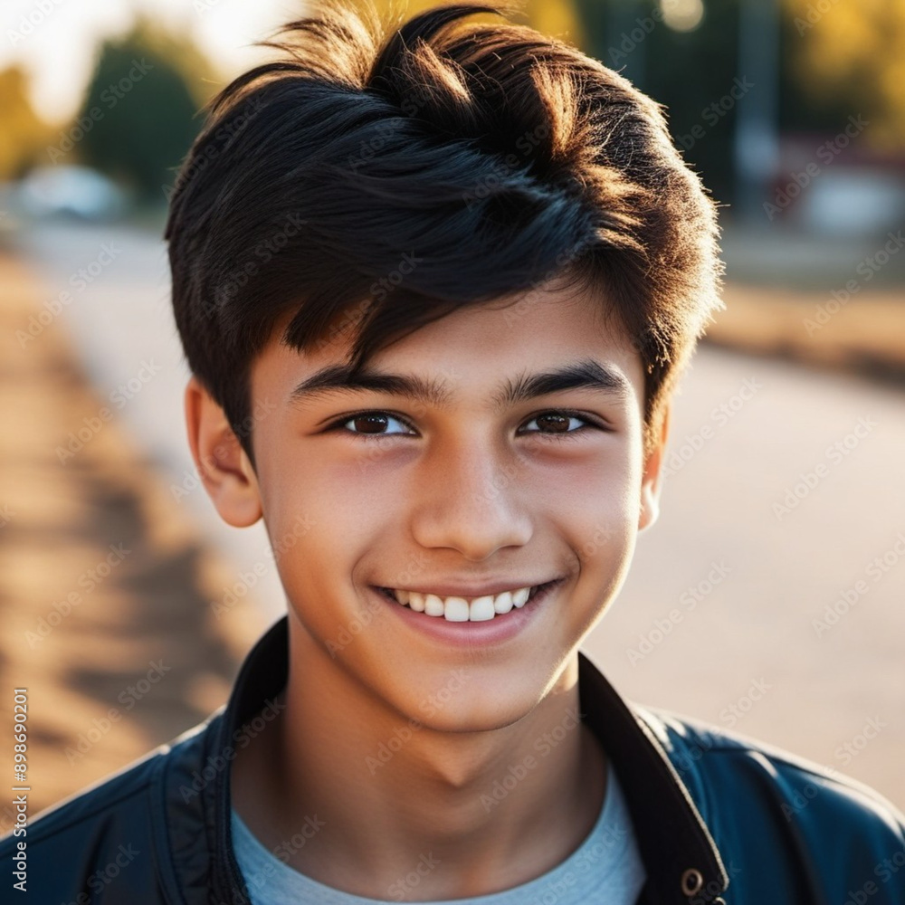 A close-up portrait of a teenage boy with dark tousled hair and brown eyes smiling at the camera. He is wearing a black jacket and a blue shirt. He is outdoors in a natural setting. Generated AI A close-up portrait of a teenage boy with dark tousled hair and brown eyes smiling at the camera. He is wearing a black jacket and a blue shirt. He is outdoors in a natural setting. Generated AI
