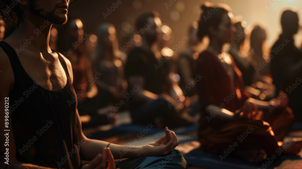 Group of people in meditation practicing mindfulness and relaxation class in studio Group of people in meditation practicing mindfulness and relaxation class in studio