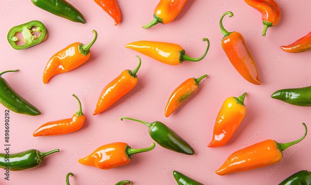 Top view of hot peppers scattered on a purple background Top view of hot peppers scattered on a purple background