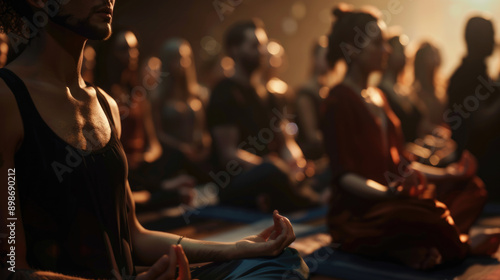 Group of people in meditation practicing mindfulness and relaxation class in studio